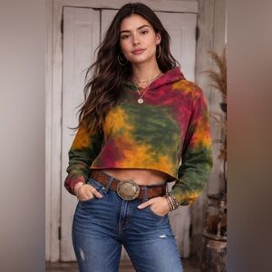 Colorful Tie-Dye Cropped Hoodie Sweatshirt Size S NWT | 525 America